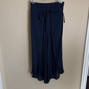 NWT BCX Navy gauze cropped Wide-Leg Pants with Pom-Pom Trim sz XS